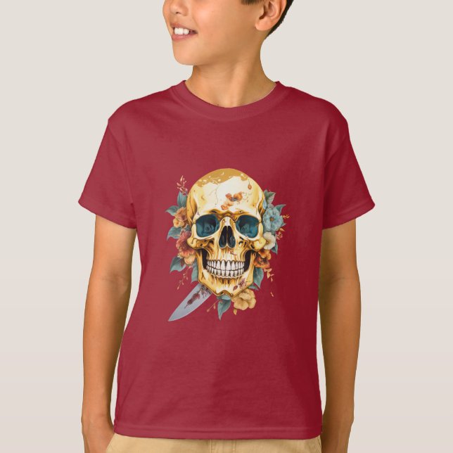 Camiseta Dourado crânio com faca e flor (Frente)