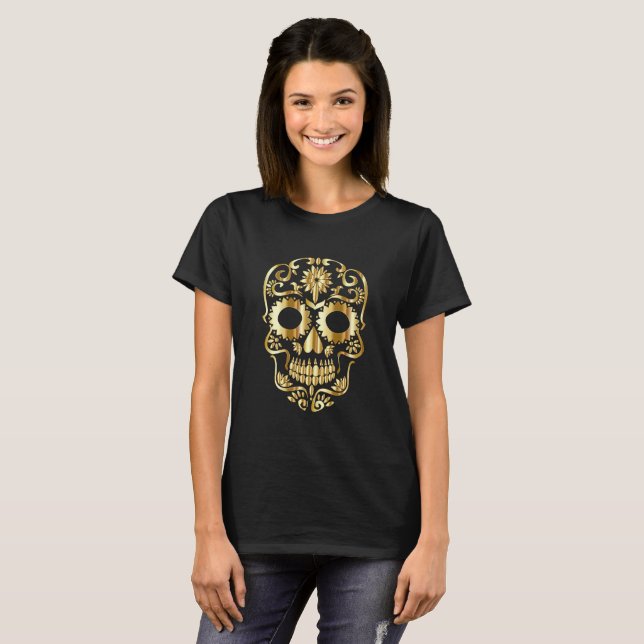 Camiseta Dourado crânio de açúcar em preto (Frente Completa)