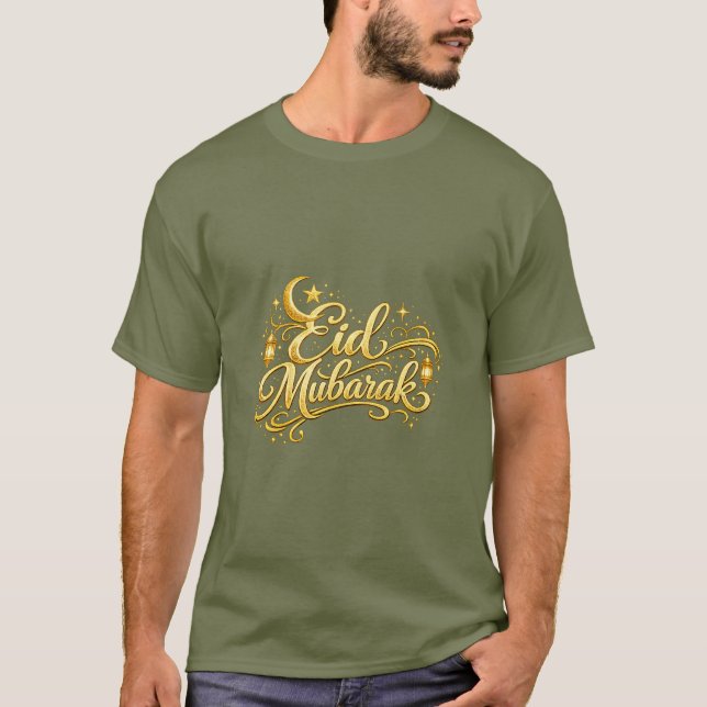Camiseta Dourado Eid Mubarak Lua Crescente Lanterna Islâmic (Frente)