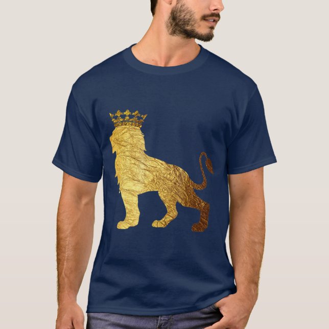 Camiseta Dourado Leão Rei Coroa para Leão Menino Legal (Frente)
