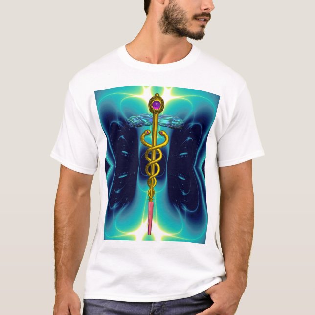 Camiseta DOURADO SÍMBOLO MÉDICO DO CADUEUS, Azul Turquesa T (Frente)