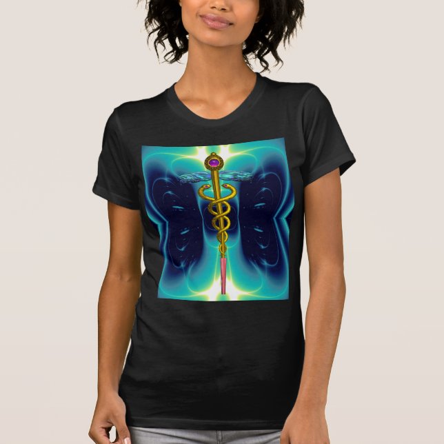 Camiseta DOURADO SÍMBOLO MÉDICO DO CADUEUS, Azul Turquesa T (Frente)