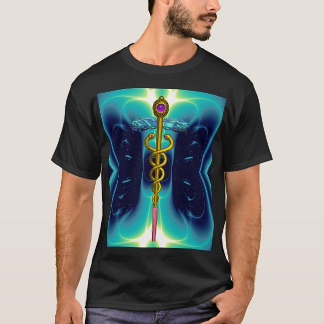 Camiseta DOURADO SÍMBOLO MÉDICO DO CADUEUS, Azul Turquesa T (Frente)