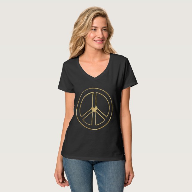 Camiseta Dourado Sinal de Paz no Coração (Frente Completa)