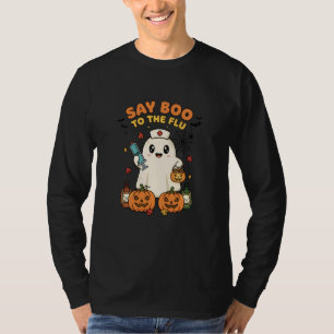 Camiseta Doutor Halloween Diz Boo para a Gripe Vacina Fanta