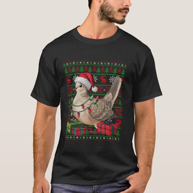 Camiseta Dove Bird Xmas Luzes Feias Santa Hat Mourning Dove (Frente)