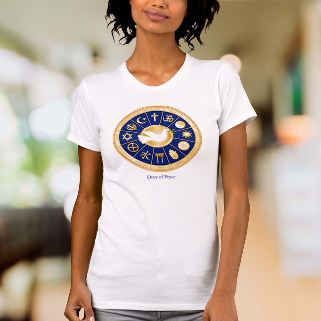 Camiseta Dove of Peace (Dove of Peace T-Shirt
Customize with your text. Gold icons of world faiths around the Dove of Peace.)