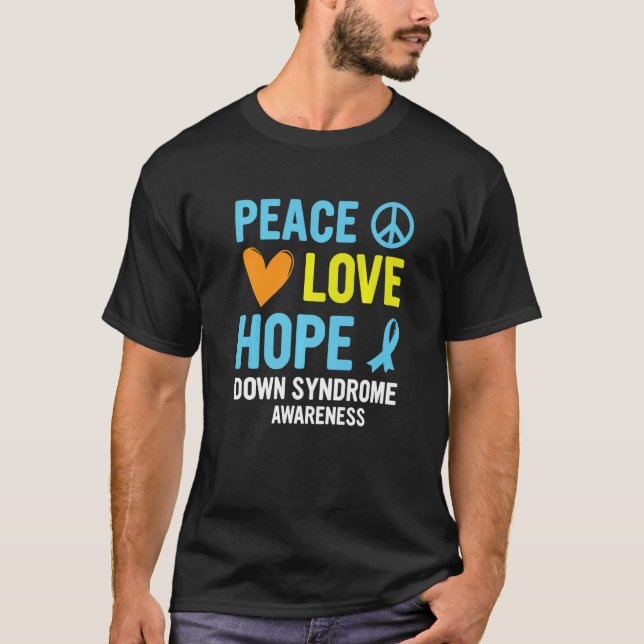 Camiseta Down Syndrome Awareness Peace Love Hope T21 Yellow (Frente)