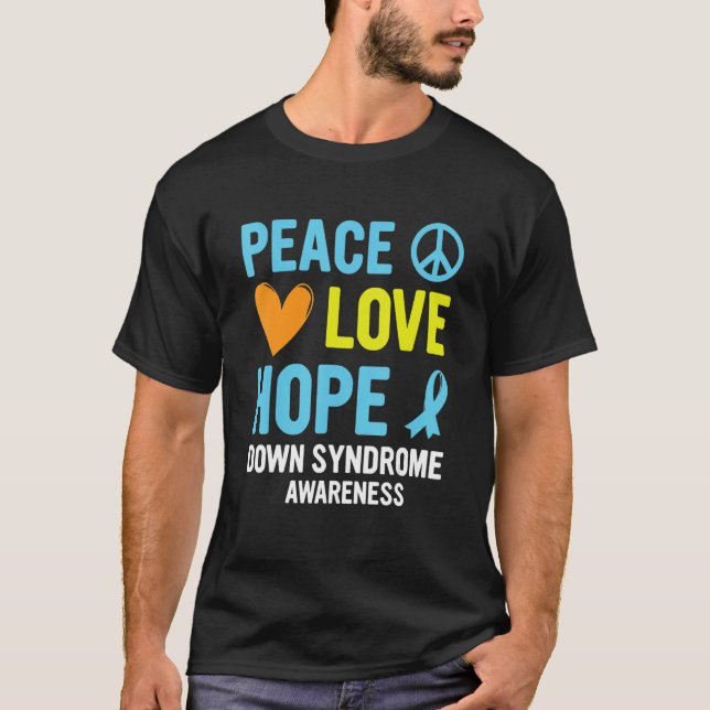 Camiseta Down Syndrome Awareness Peace Love Hope T21 Yellow (Frente)