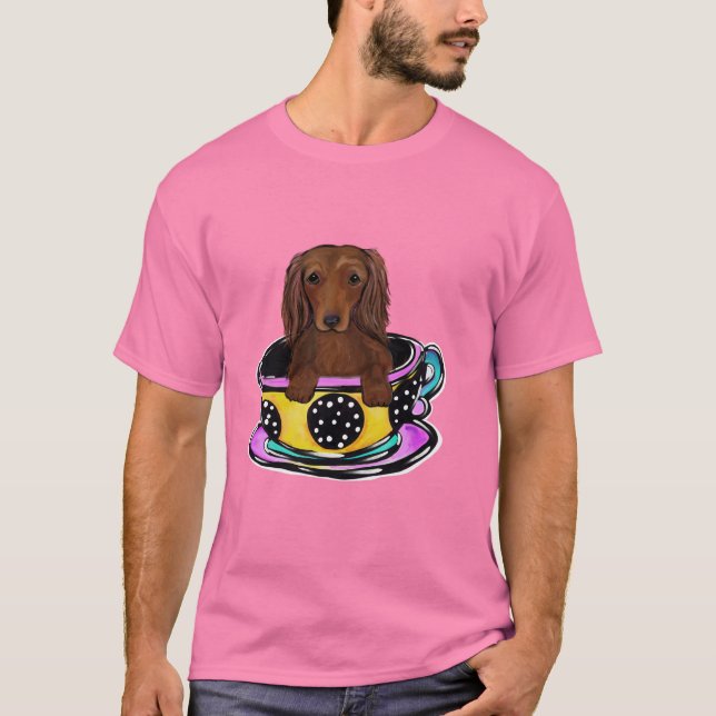 Camiseta Doxie Vermelha de Cabelo Comprido (Frente)
