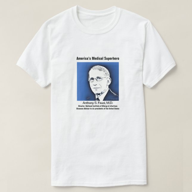 Camiseta Dr. Fauci, Super-herói Médico Americano, branco (Frente do Design)