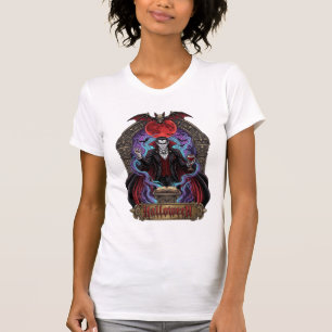 Camiseta Drácula de Halloween Lua Vermelha Morcegos Caveira