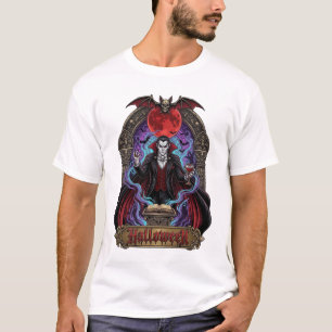 Camiseta Drácula de Halloween Lua Vermelha Morcegos Caveira