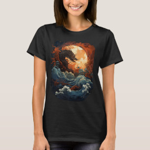 Camiseta Dragão Aestético Japonês Onda Arte Venenosa Sunset