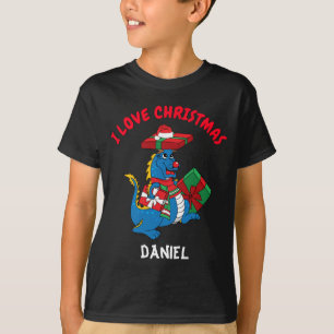 Camiseta Dragão Azul Bonito Eu Adoro T-Shirt de Natal