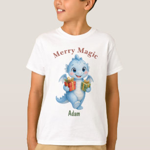 Camiseta Dragão Azul de Natal Mágico Alegre Personalizado C