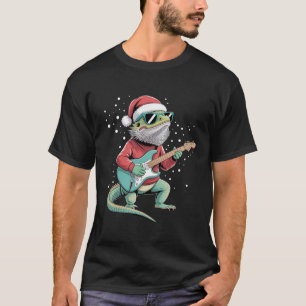 Camiseta Dragão Barbudo de Natal Tocando Guitarra Músico 