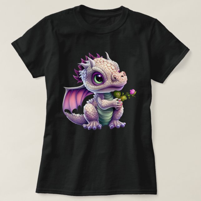 Camiseta Dragão-Bebê-Cute Segurando Um Gráfico Rosa (Frente do Design)