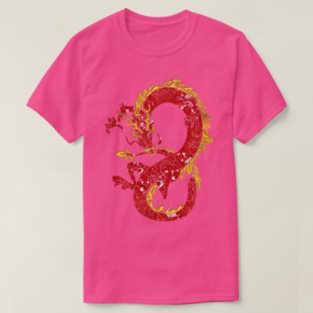 Camiseta Dragão Chinês Asiático Em Desi Vermelho E Dourado (Frente do Design)