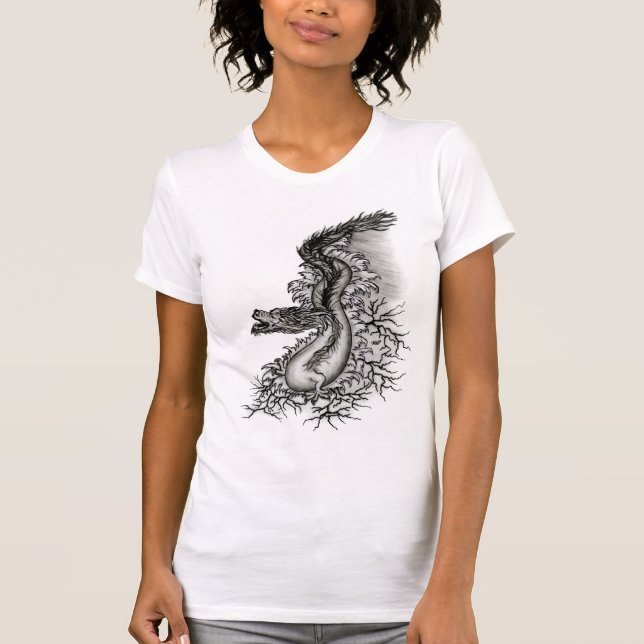 Camiseta Dragão chinês, Design preto e branco em tatuostilo (Frente)