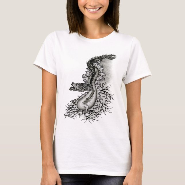 Camiseta Dragão chinês, Design preto e branco em tatuostilo (Frente)