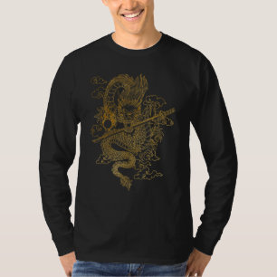 Camiseta Dragão Chinês Dourado com Fundo Preto