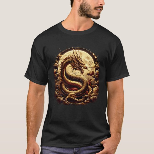Camiseta Dragão Chinês Dourado Poder Lunar da Lua Cheia Mit (Frente)