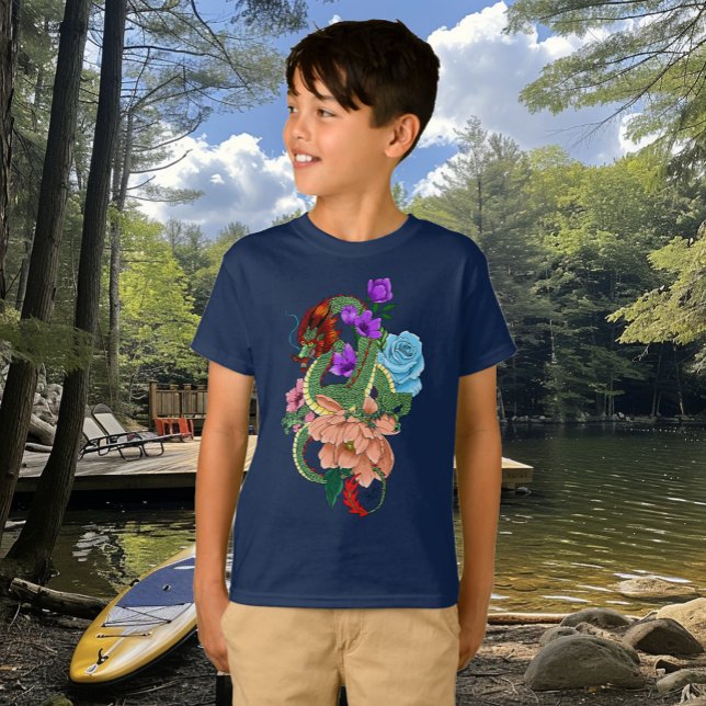 Camiseta Dragão Chinês Verde Místico Floral Azul Marinho (Criador carregado)