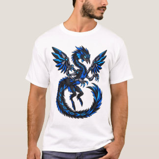 Camiseta Dragão Cibernético Azul Elétrico Futurista Fantasi