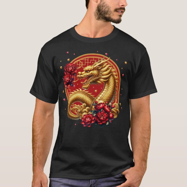 Camiseta Dragão de Ano Novo chinês Dourado (Frente)