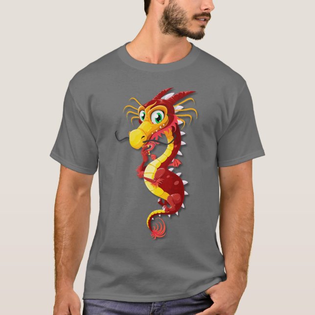 Camiseta Dragão de Cartoon Chinês Vermelho e Dourado (Frente)