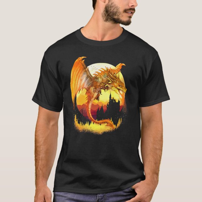 Camiseta Dragão Fantasia Ouro Voador com Fogo (Frente)