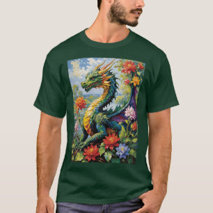 Camiseta Dragão Feroz Floral Com Céu Azul & Nuvens