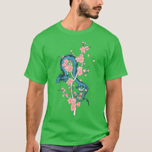 Camiseta Dragão Japonês Azul com Árvore Flor Sakura