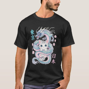 Camiseta Dragão Japonês Kawaii Gatinho Gato Fofo Pastel Ani