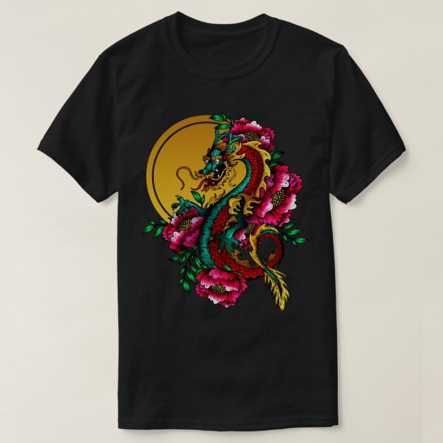 Camiseta Dragão Japonês Tatuagem Dourada Sun Lotus (Frente do Design)