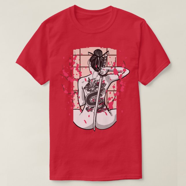 Camiseta Dragão Japonês Tatuou Samurai Girl Cherry Bloss (Frente do Design)