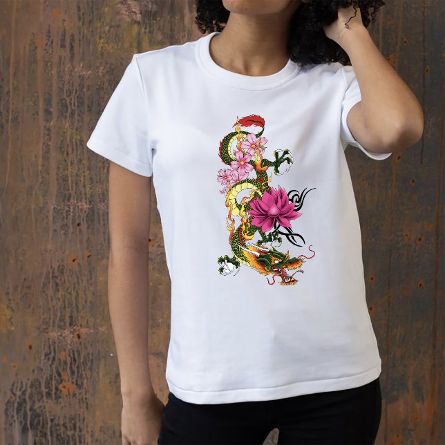 Camiseta Dragão Lótus Verde Ousado Tatuagem Chinesa Azul Tu (Criador carregado)