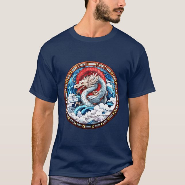 Camiseta Dragão Mítico Asiático em Vermelho e Azul (Frente)