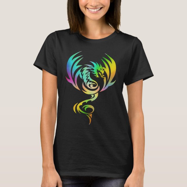 Camiseta Dragão Mítico Medieval Com Asas Arco-Íris (Frente)