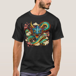 Camiseta Dragão Oriental & Arte Fantástica de Flores de Cer