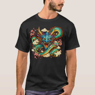 Camiseta Dragão Oriental & Arte Fantástica de Flores de Cer