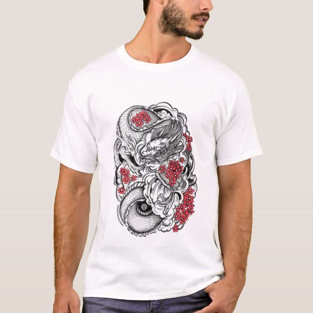 Camiseta Dragão oriental com flores (Frente)