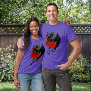 Camiseta Dragão Preto Místico Rosas Vermelhas Lavanda Gótic
