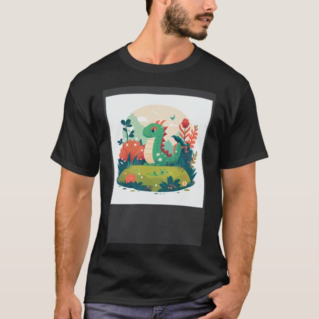 Camiseta Dragão Verde Bonito numa floresta de jardim (Frente)