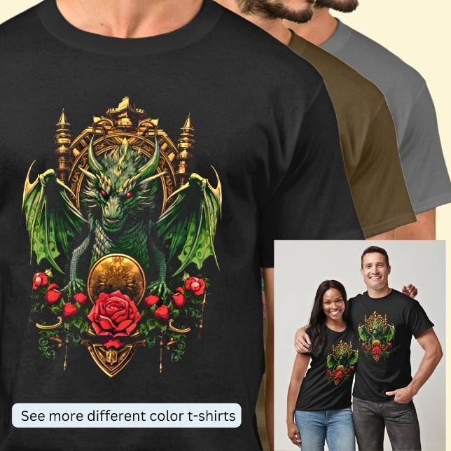Camiseta Dragão Verde no Trono Dourado com Flores Vermelhas (Criador carregado)