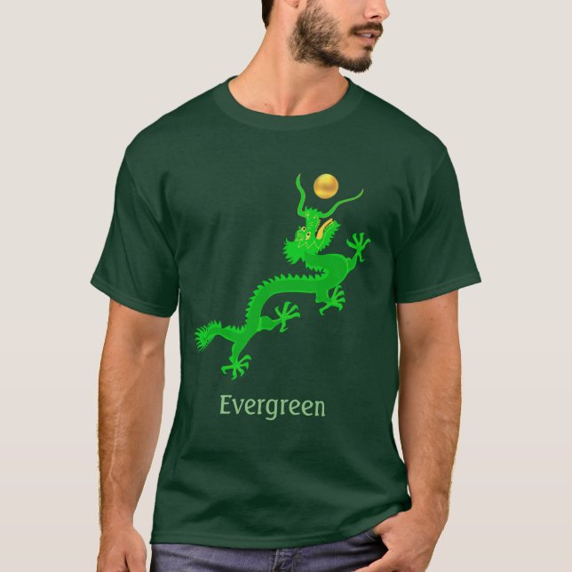 Camiseta Dragão verde voador com bola dourada & caligrafia (Frente)
