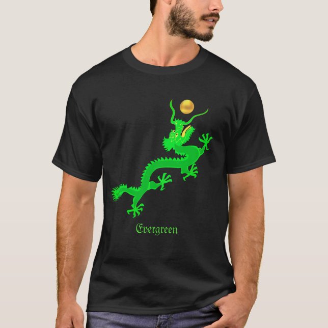Camiseta Dragão verde voador com bola dourada e caligrafia (Frente)