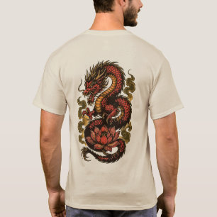 Camiseta Dragão vermelho com fumaça e lótus ouros