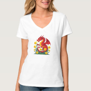 Camiseta Dragão Vermelho Fofo e Narcisos